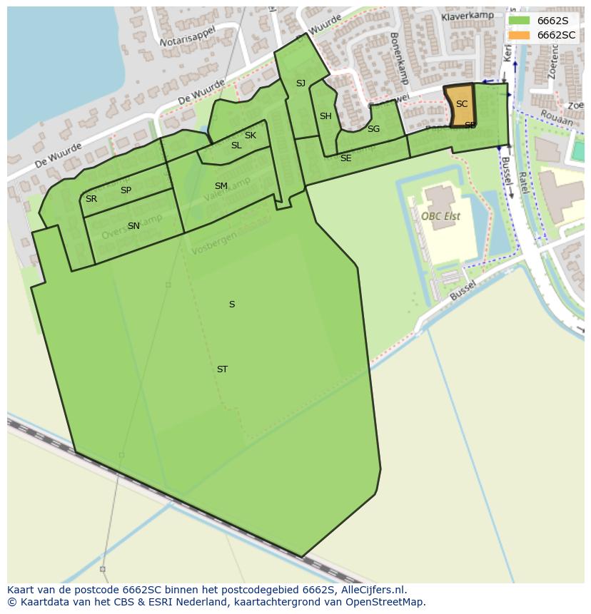 Afbeelding van het postcodegebied 6662 SC op de kaart.