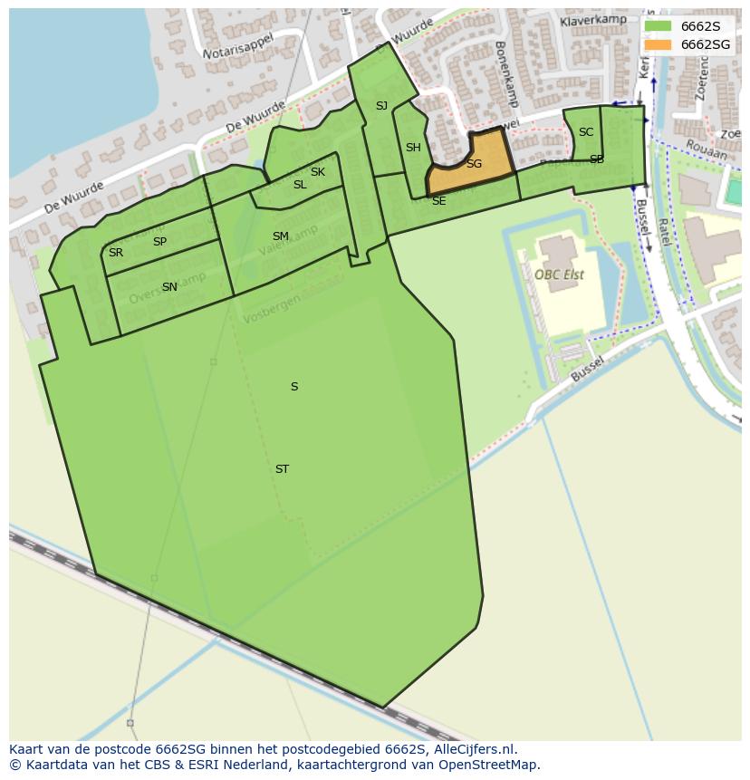 Afbeelding van het postcodegebied 6662 SG op de kaart.