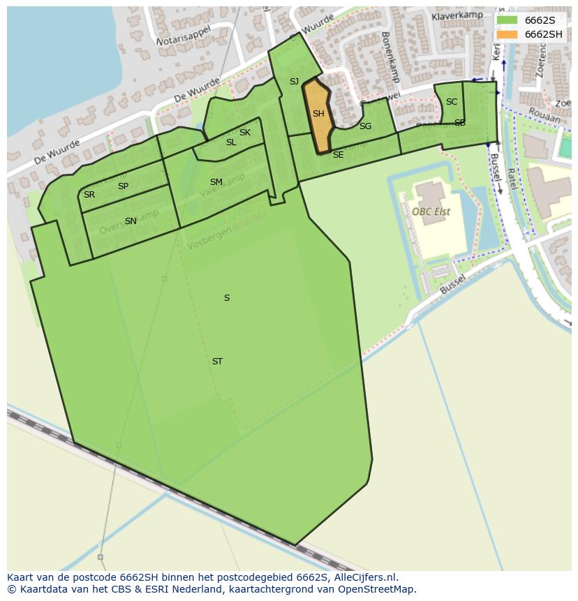 Afbeelding van het postcodegebied 6662 SH op de kaart.