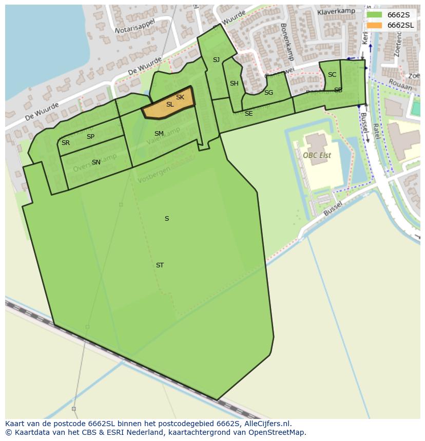 Afbeelding van het postcodegebied 6662 SL op de kaart.