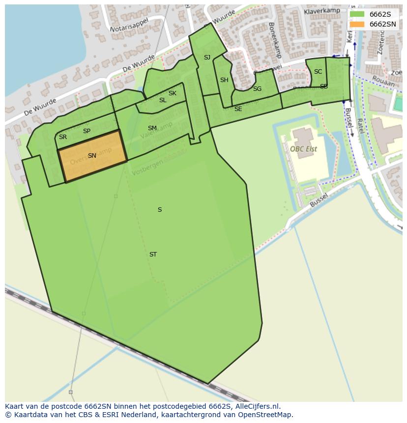 Afbeelding van het postcodegebied 6662 SN op de kaart.