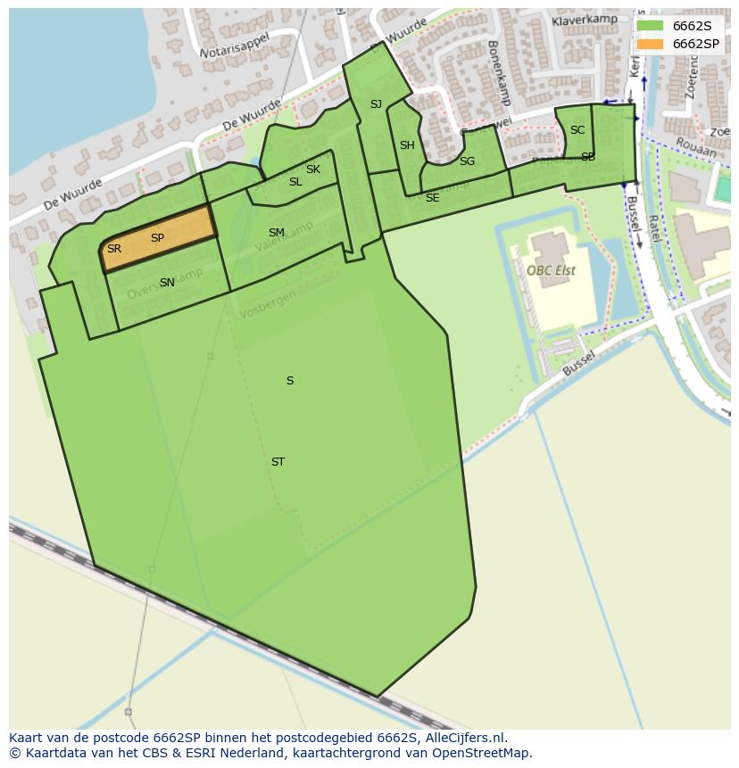 Afbeelding van het postcodegebied 6662 SP op de kaart.