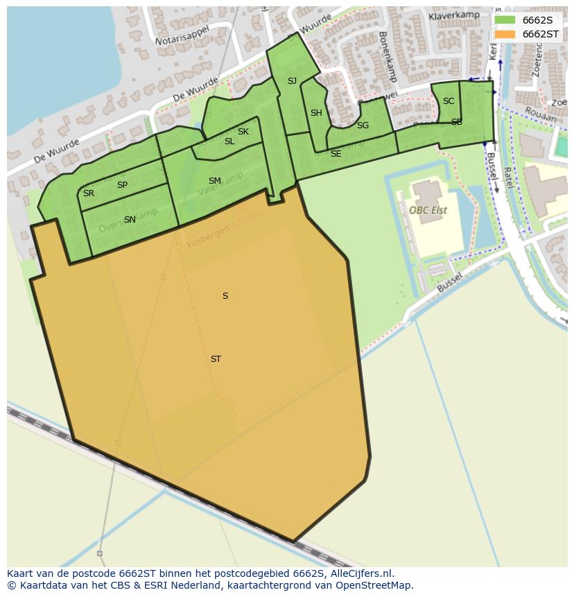 Afbeelding van het postcodegebied 6662 ST op de kaart.