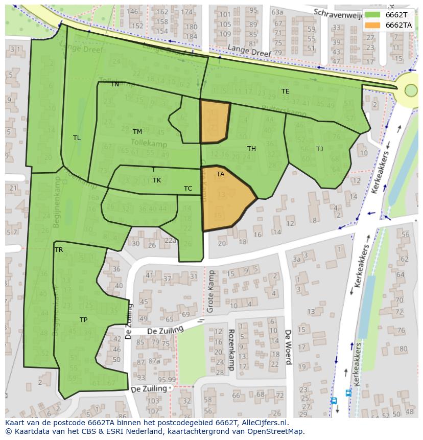 Afbeelding van het postcodegebied 6662 TA op de kaart.