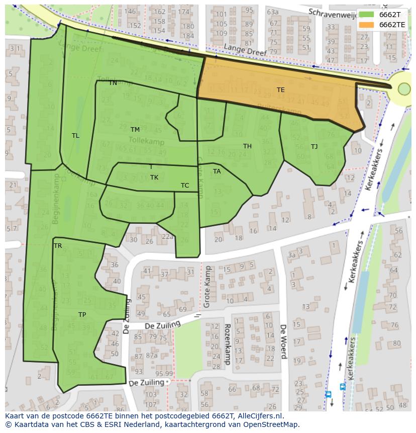 Afbeelding van het postcodegebied 6662 TE op de kaart.