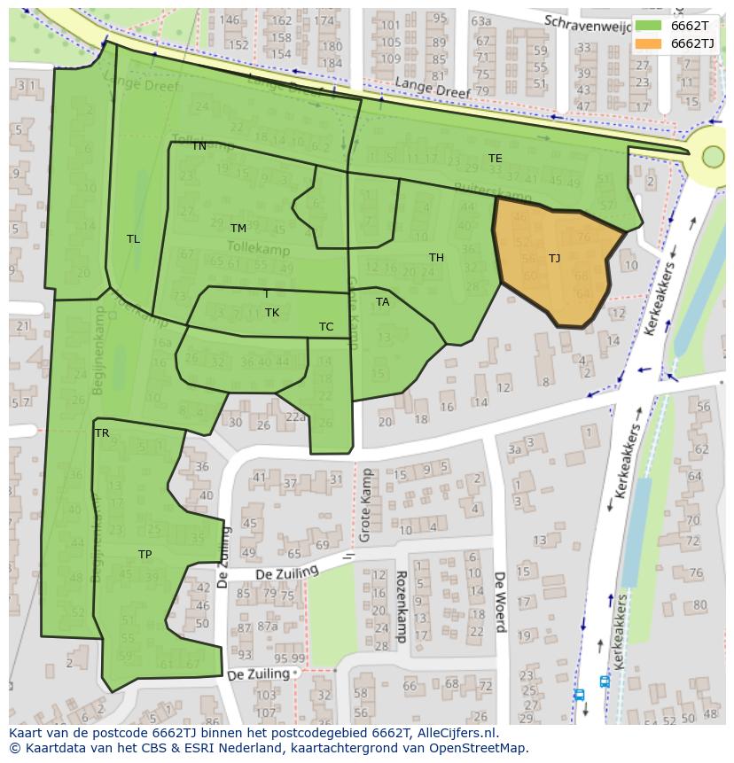 Afbeelding van het postcodegebied 6662 TJ op de kaart.