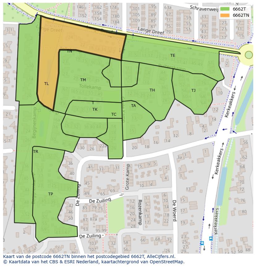 Afbeelding van het postcodegebied 6662 TN op de kaart.