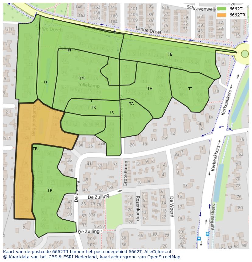 Afbeelding van het postcodegebied 6662 TR op de kaart.