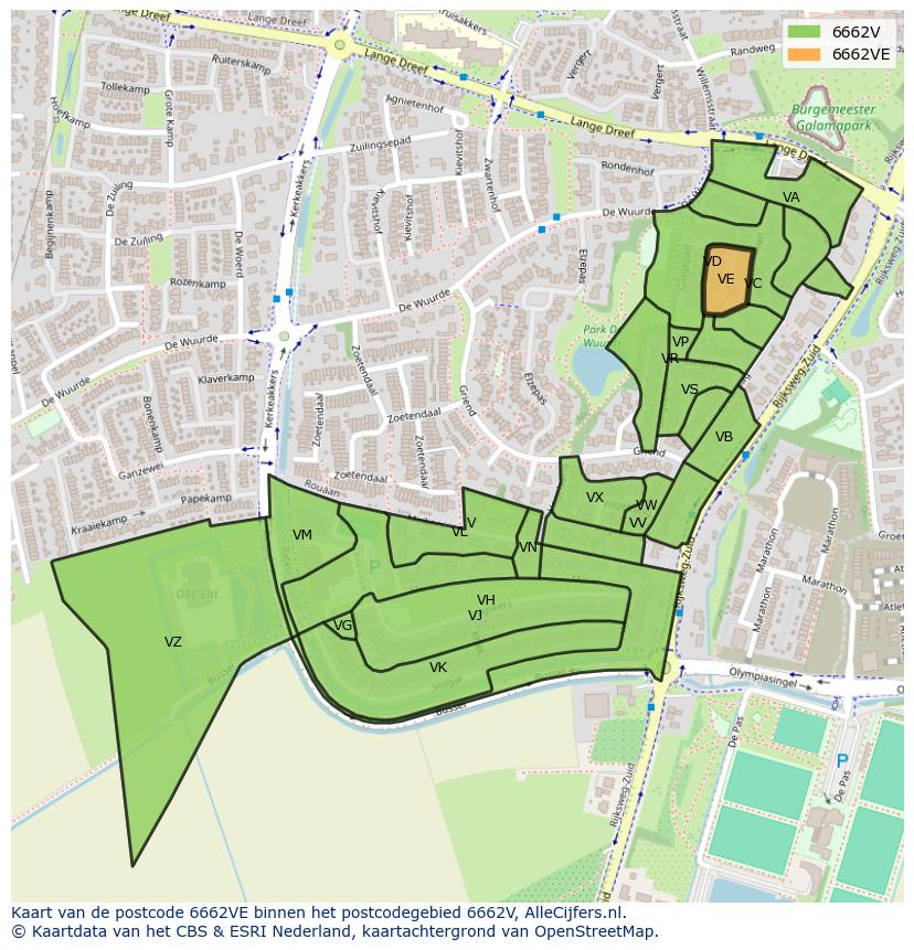 Afbeelding van het postcodegebied 6662 VE op de kaart.