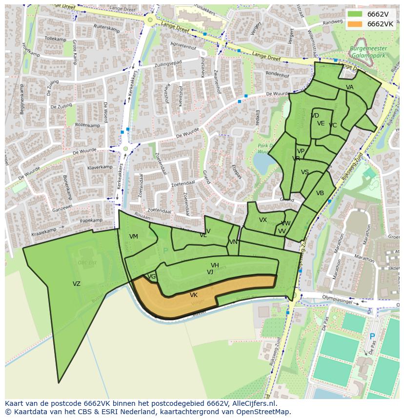Afbeelding van het postcodegebied 6662 VK op de kaart.