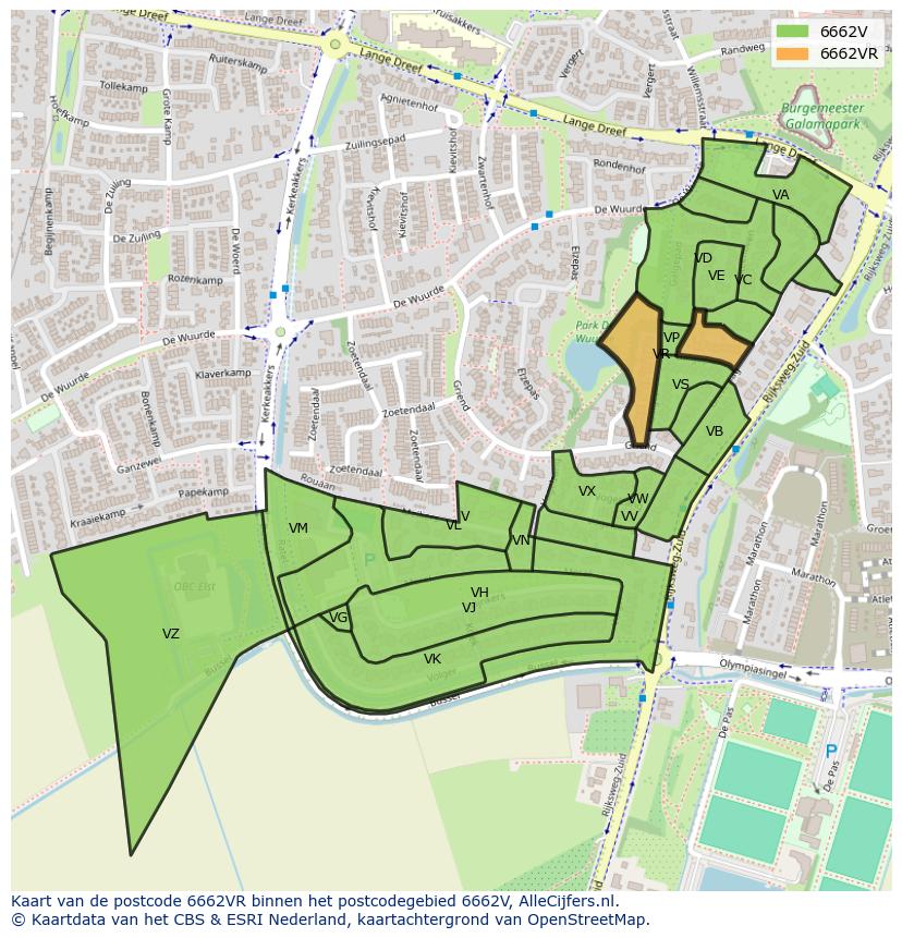 Afbeelding van het postcodegebied 6662 VR op de kaart.