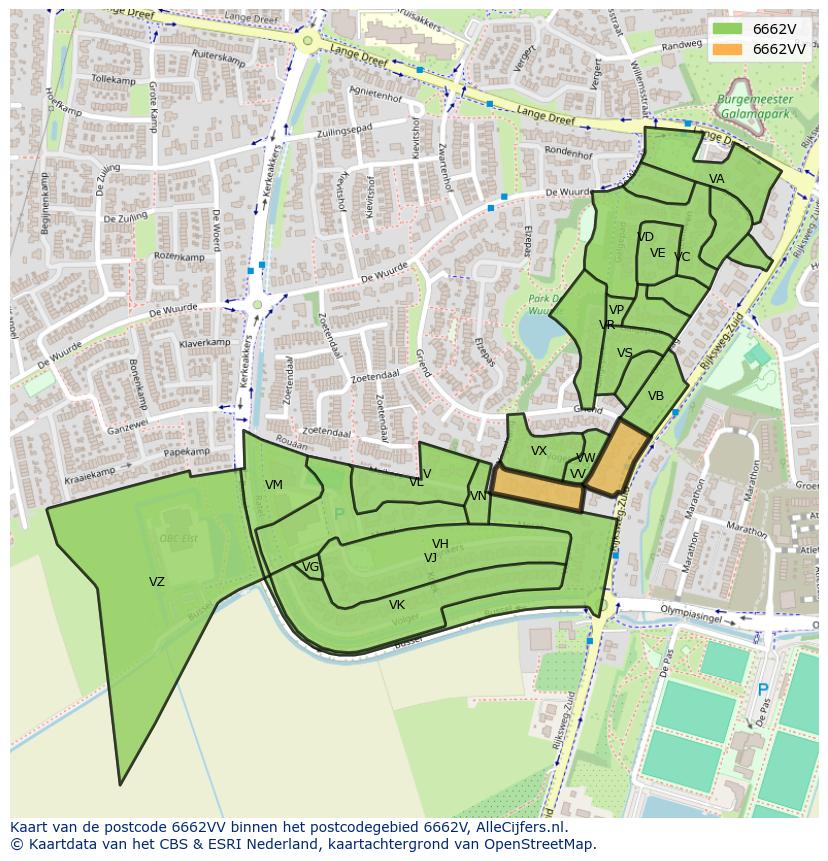 Afbeelding van het postcodegebied 6662 VV op de kaart.