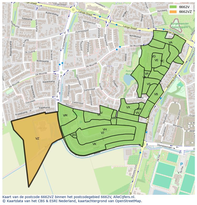 Afbeelding van het postcodegebied 6662 VZ op de kaart.