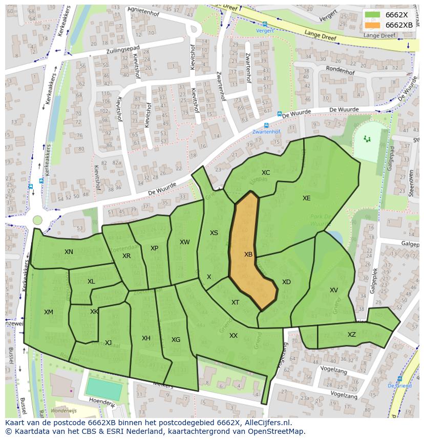 Afbeelding van het postcodegebied 6662 XB op de kaart.