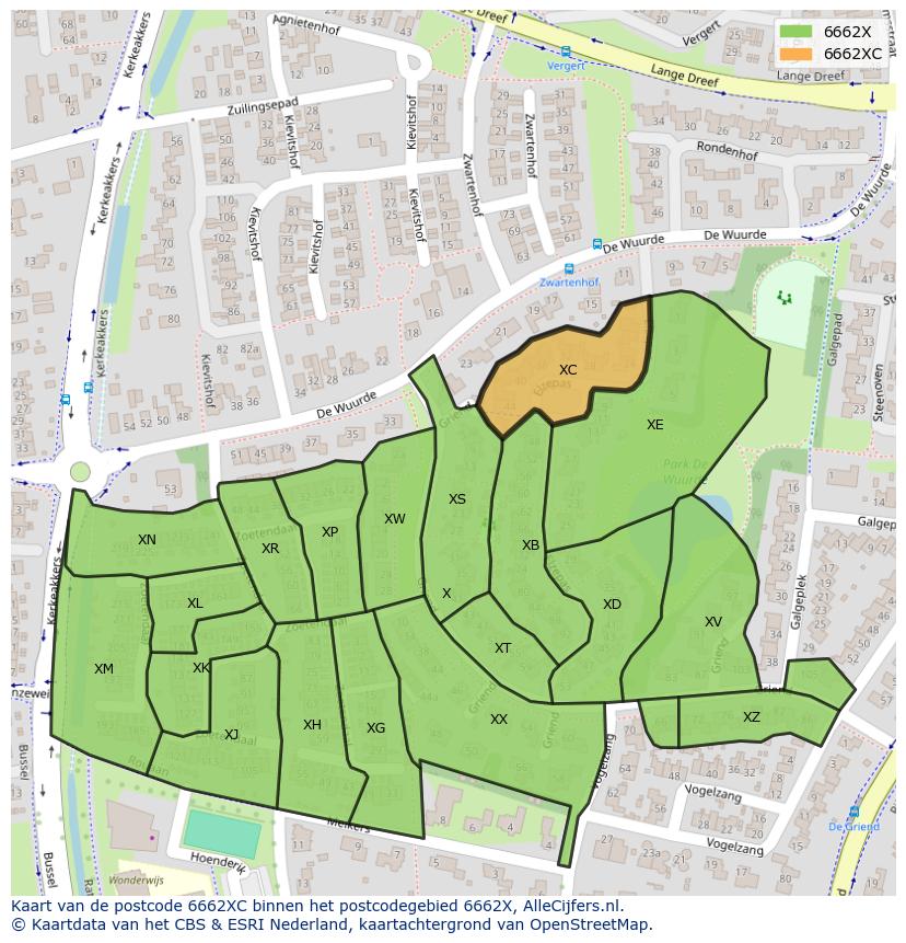 Afbeelding van het postcodegebied 6662 XC op de kaart.