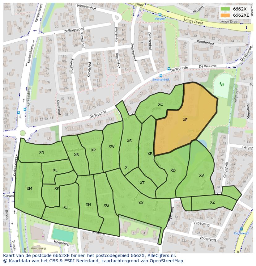 Afbeelding van het postcodegebied 6662 XE op de kaart.