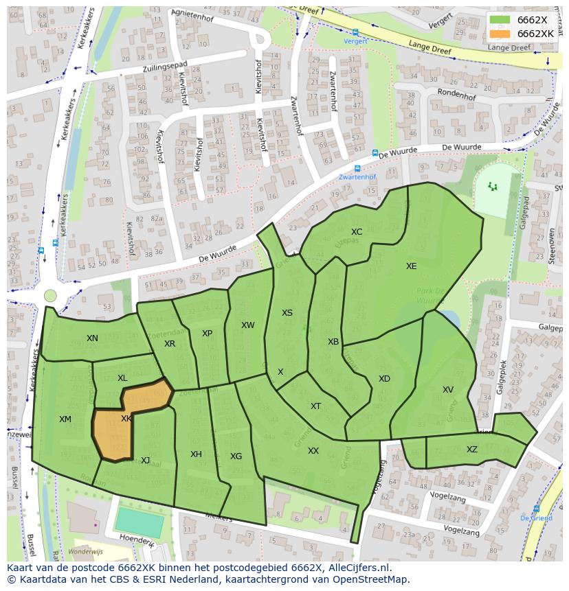 Afbeelding van het postcodegebied 6662 XK op de kaart.