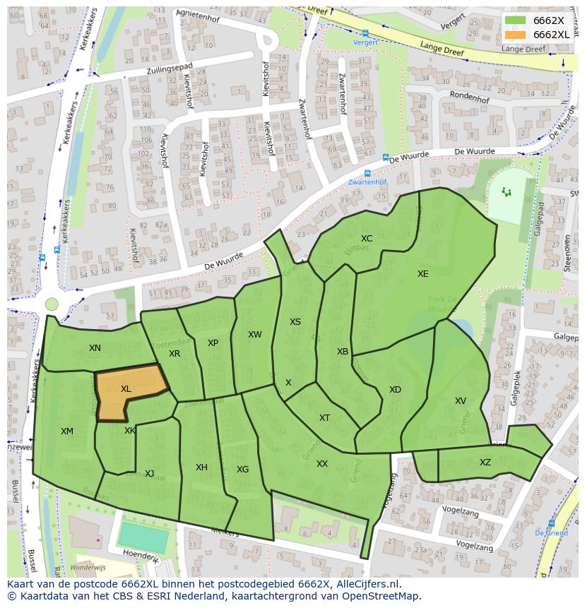 Afbeelding van het postcodegebied 6662 XL op de kaart.