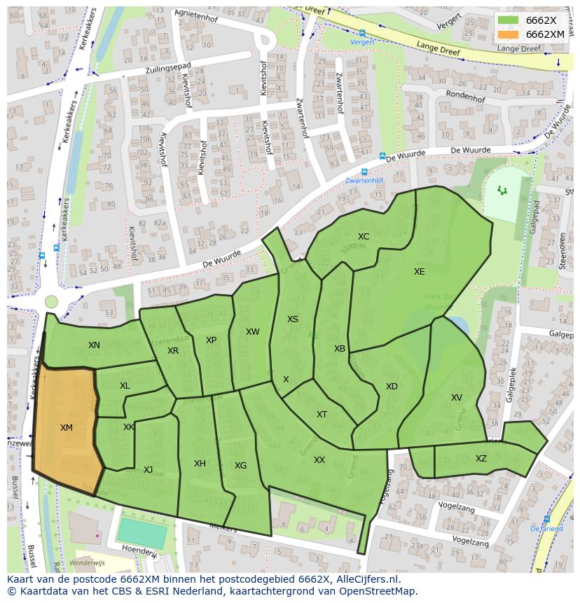 Afbeelding van het postcodegebied 6662 XM op de kaart.