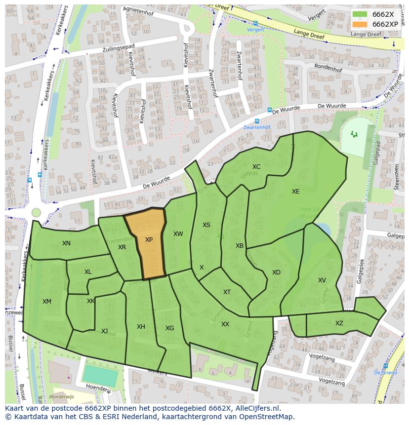 Afbeelding van het postcodegebied 6662 XP op de kaart.