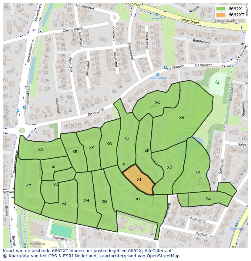 Afbeelding van het postcodegebied 6662 XT op de kaart.