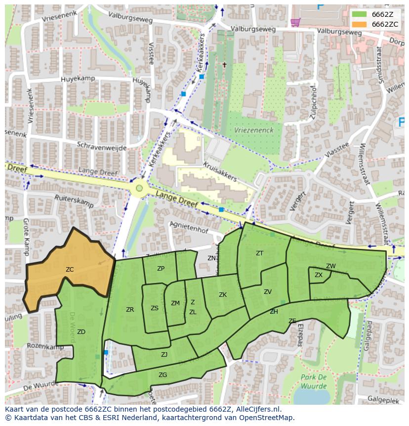 Afbeelding van het postcodegebied 6662 ZC op de kaart.