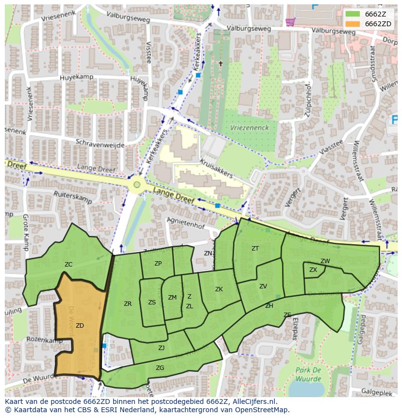 Afbeelding van het postcodegebied 6662 ZD op de kaart.