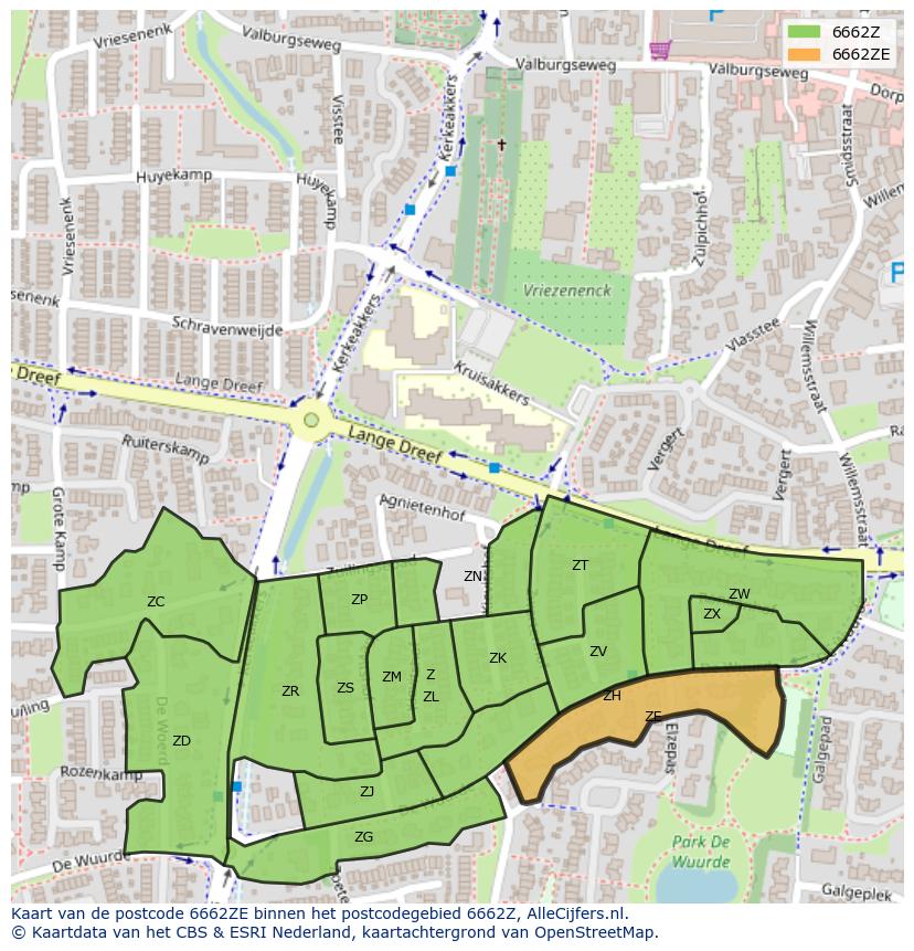 Afbeelding van het postcodegebied 6662 ZE op de kaart.