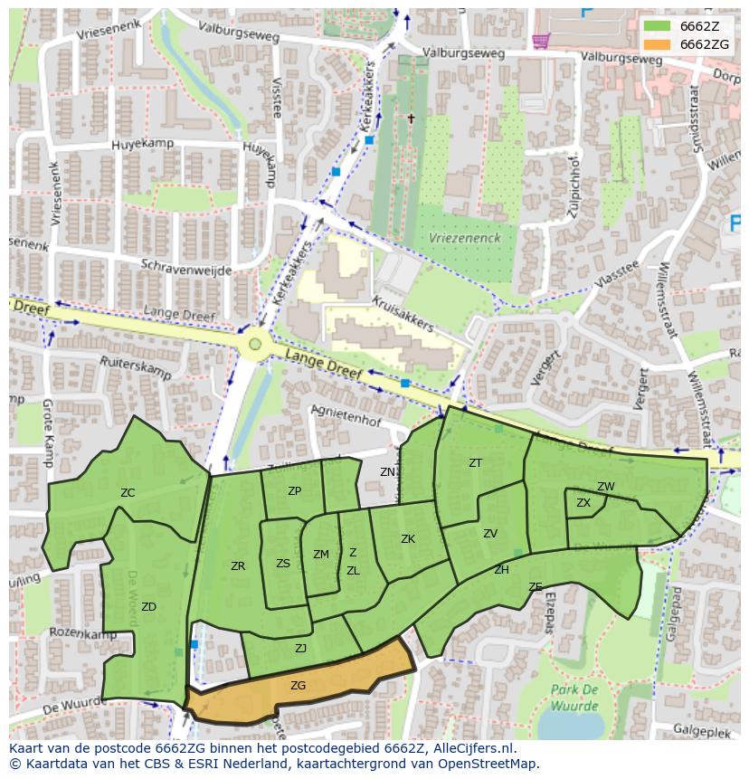Afbeelding van het postcodegebied 6662 ZG op de kaart.