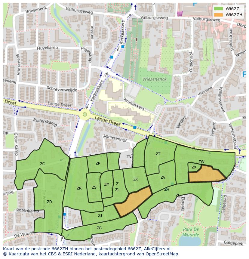 Afbeelding van het postcodegebied 6662 ZH op de kaart.