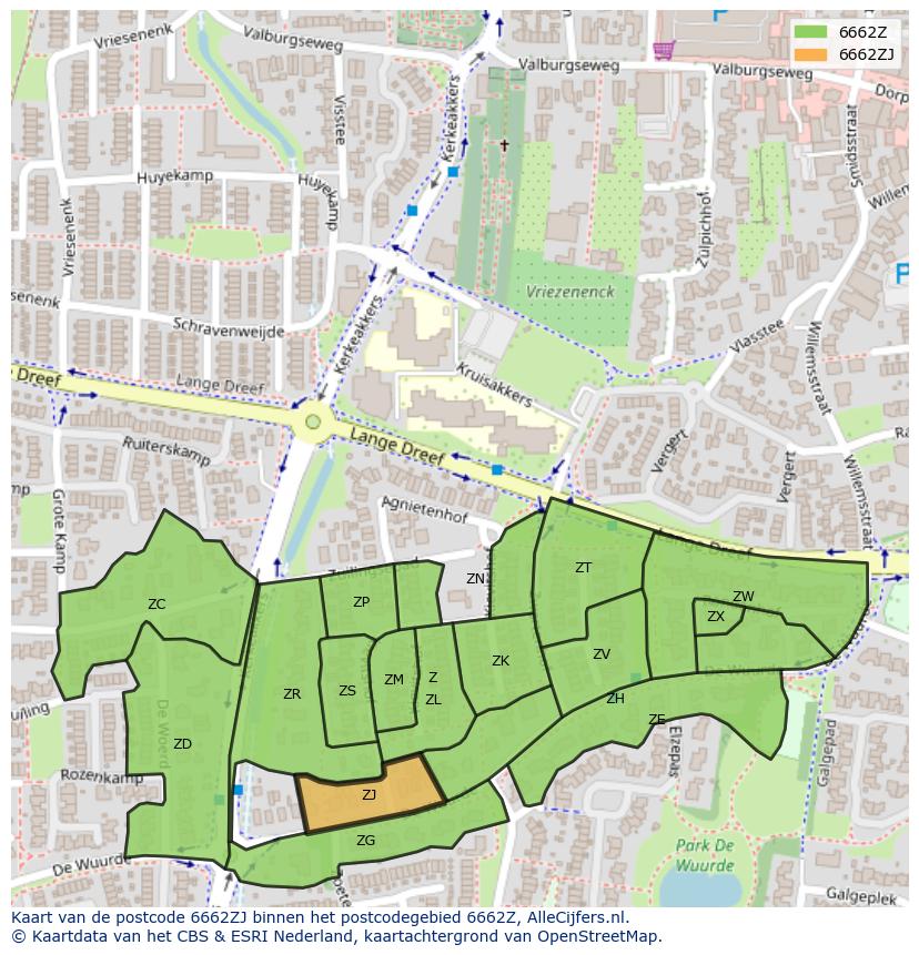 Afbeelding van het postcodegebied 6662 ZJ op de kaart.