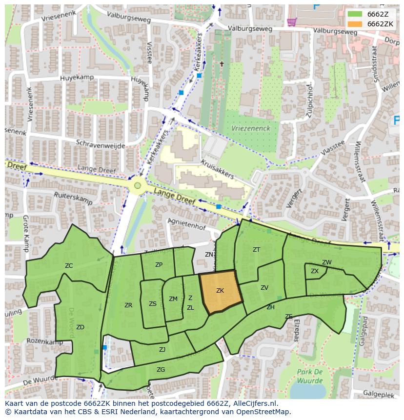 Afbeelding van het postcodegebied 6662 ZK op de kaart.