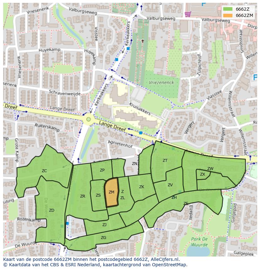 Afbeelding van het postcodegebied 6662 ZM op de kaart.