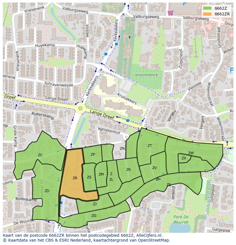 Afbeelding van het postcodegebied 6662 ZR op de kaart.
