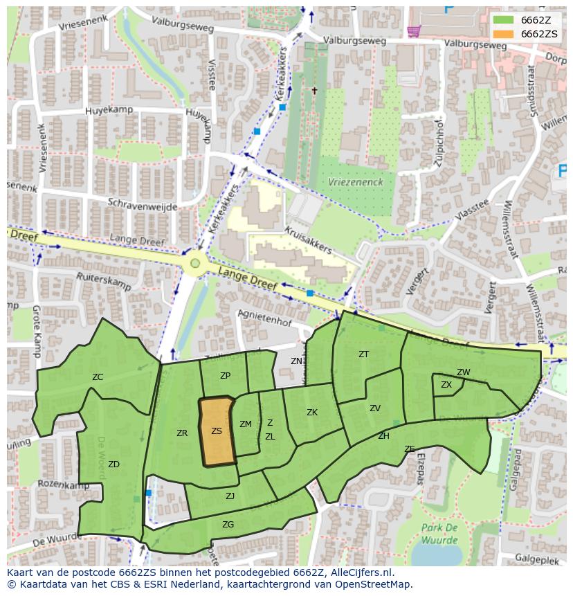 Afbeelding van het postcodegebied 6662 ZS op de kaart.