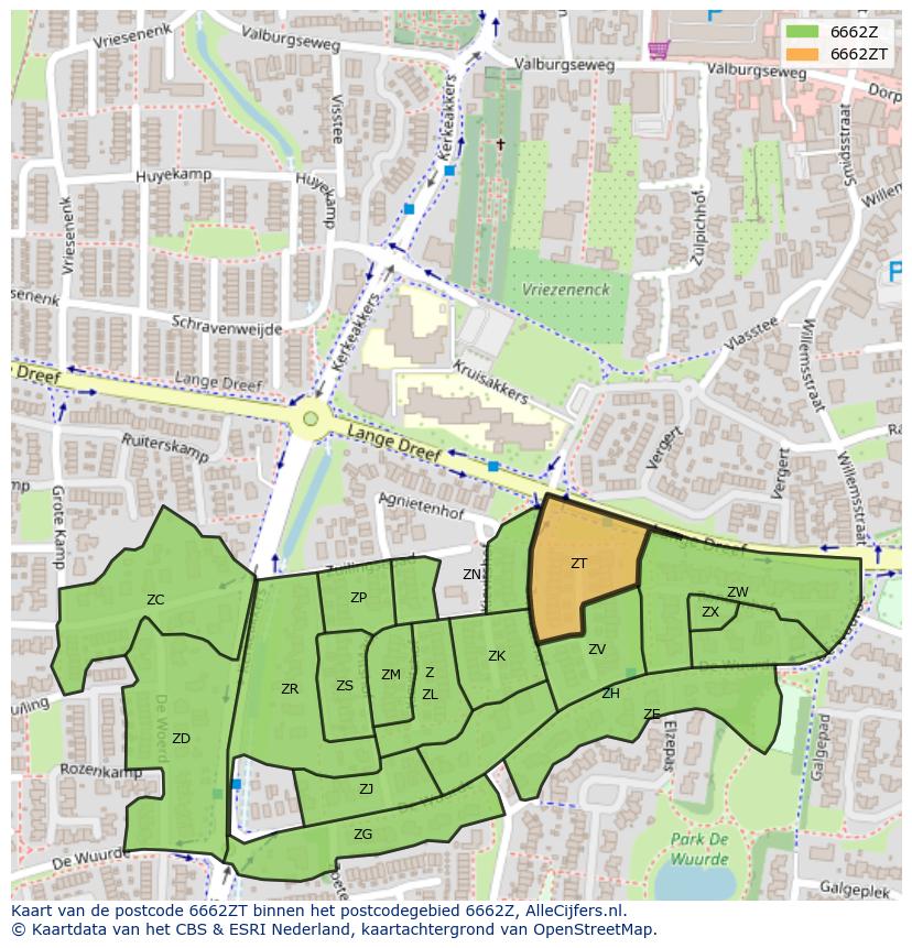 Afbeelding van het postcodegebied 6662 ZT op de kaart.