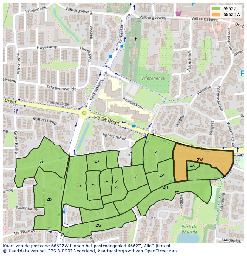 Afbeelding van het postcodegebied 6662 ZW op de kaart.