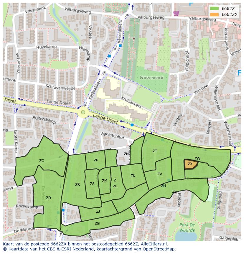Afbeelding van het postcodegebied 6662 ZX op de kaart.