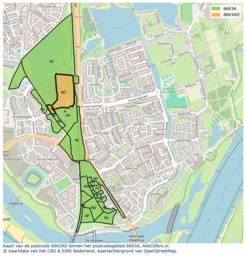 Afbeelding van het postcodegebied 6663 AD op de kaart.