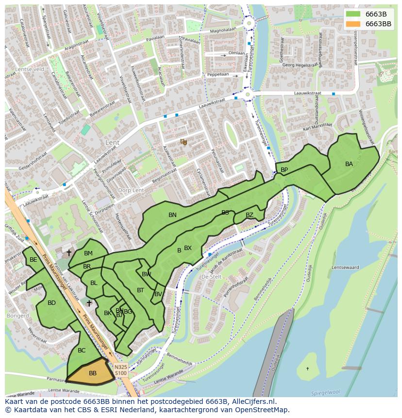 Afbeelding van het postcodegebied 6663 BB op de kaart.