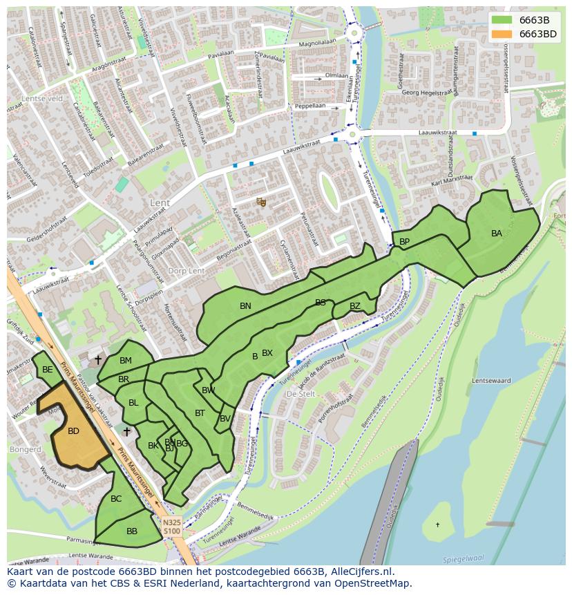 Afbeelding van het postcodegebied 6663 BD op de kaart.