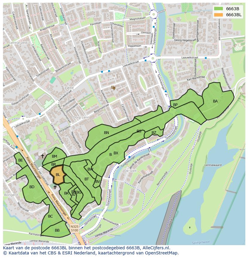 Afbeelding van het postcodegebied 6663 BL op de kaart.