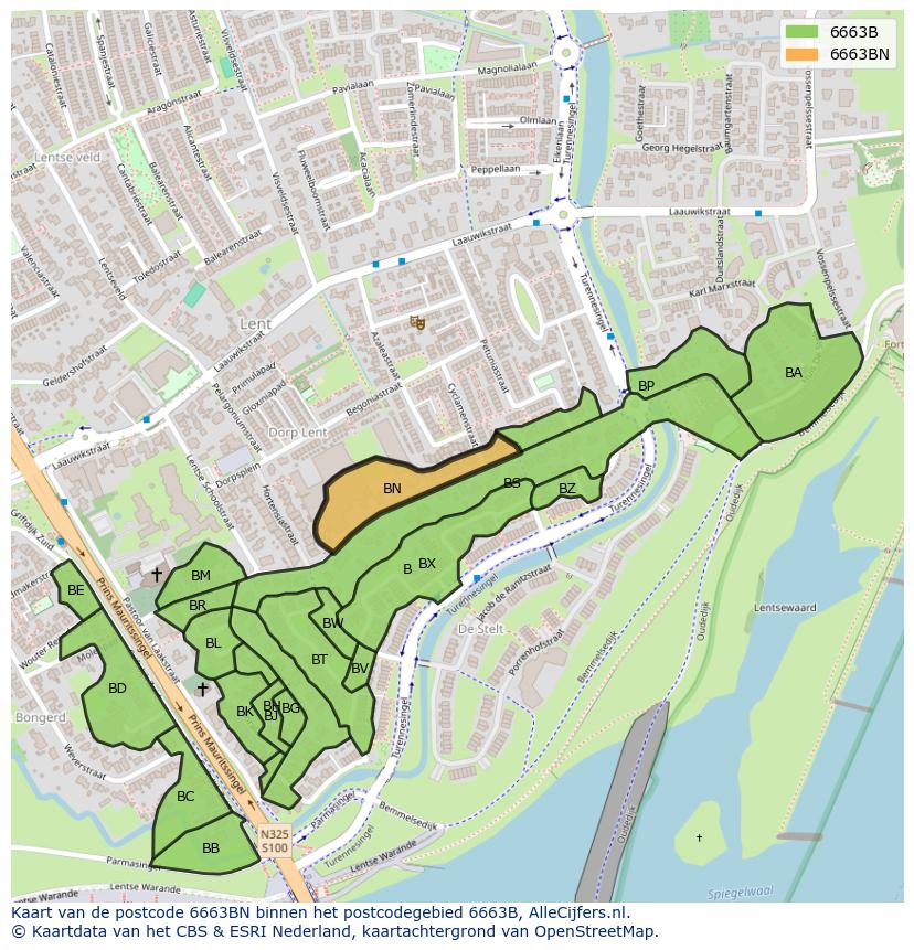 Afbeelding van het postcodegebied 6663 BN op de kaart.