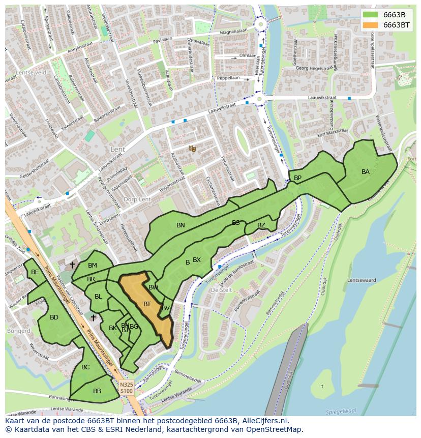 Afbeelding van het postcodegebied 6663 BT op de kaart.