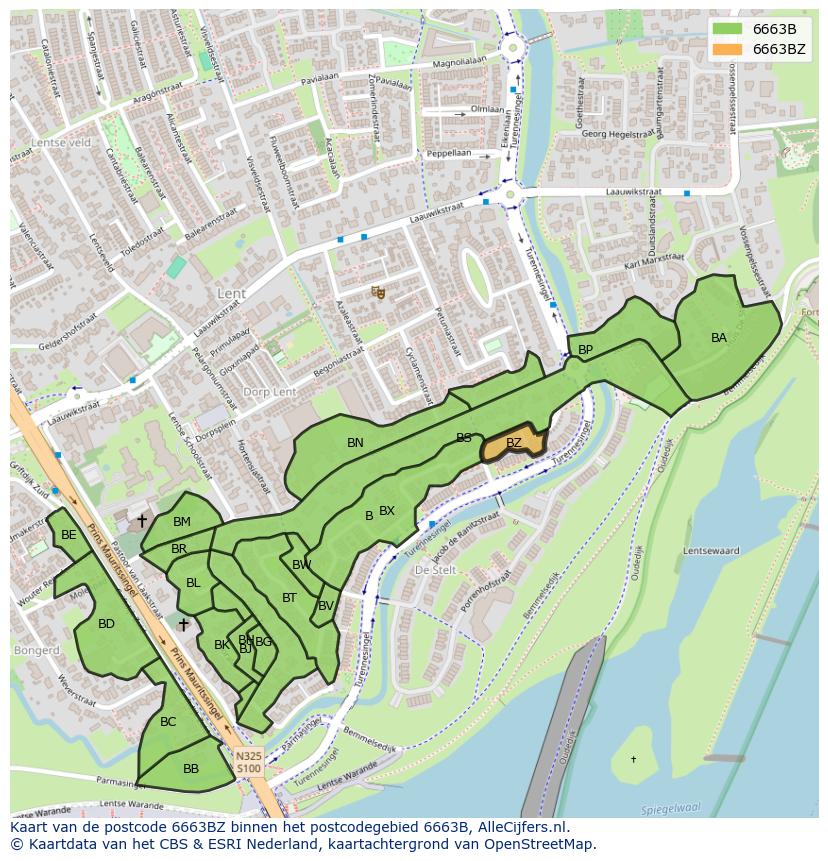 Afbeelding van het postcodegebied 6663 BZ op de kaart.