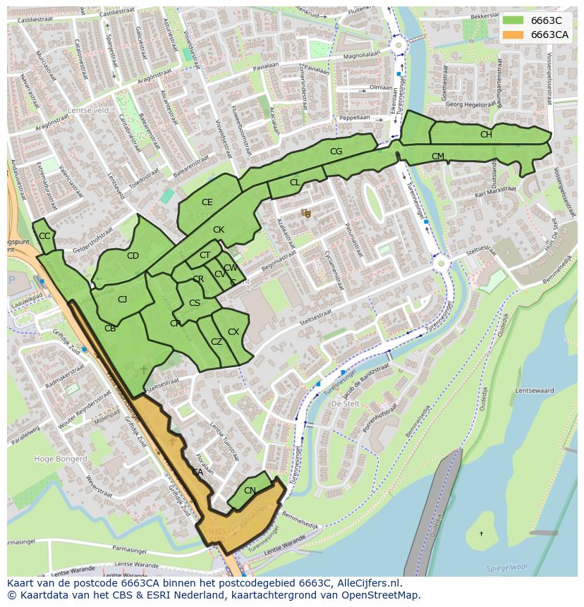 Afbeelding van het postcodegebied 6663 CA op de kaart.
