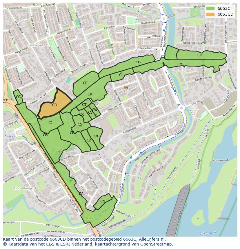 Afbeelding van het postcodegebied 6663 CD op de kaart.