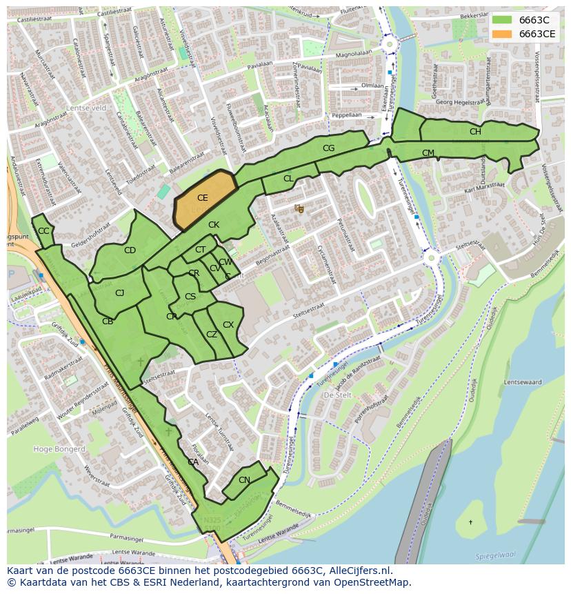 Afbeelding van het postcodegebied 6663 CE op de kaart.