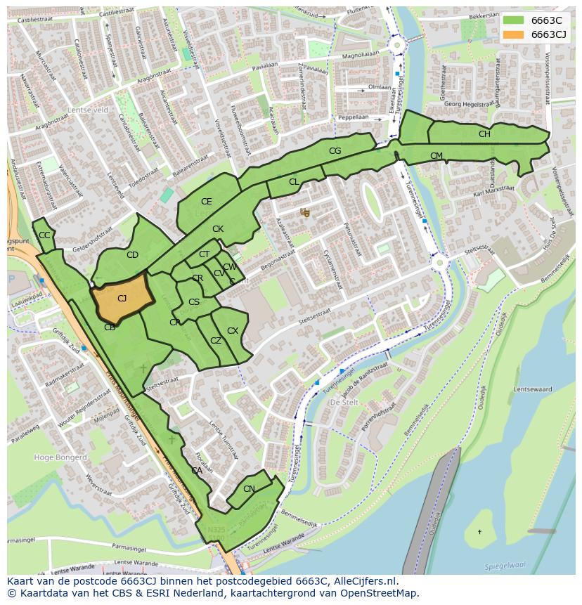 Afbeelding van het postcodegebied 6663 CJ op de kaart.