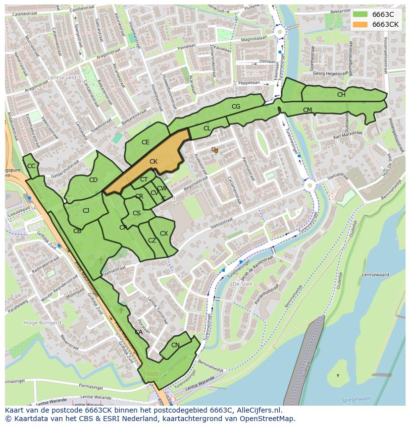 Afbeelding van het postcodegebied 6663 CK op de kaart.